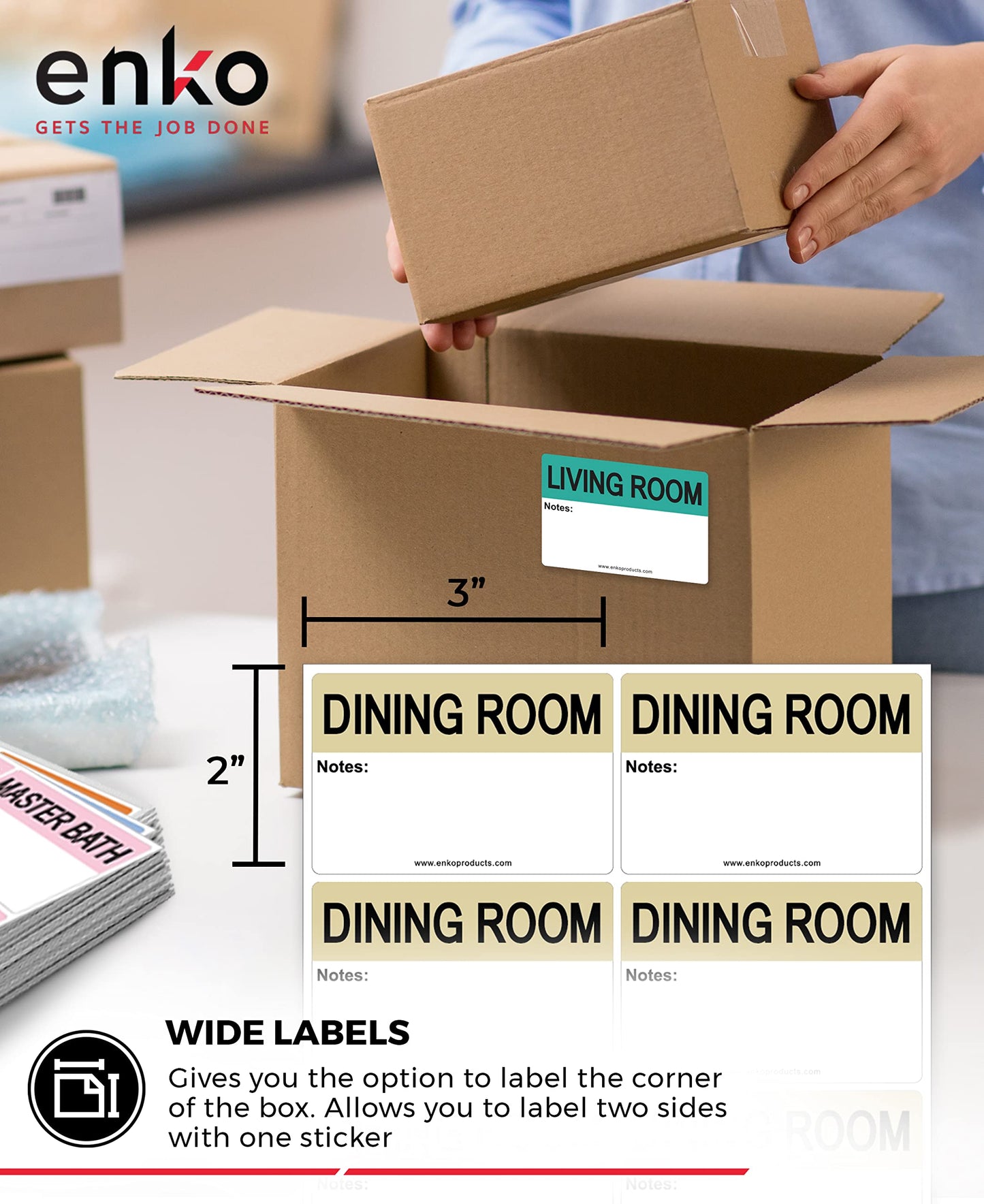 enKo - 2 x 3 Inch Extra Large Home Moving Packing Labels Stickers for Box - Color Coded for Boxes, Packing Box Fragile Stickers (800 Labels, 4 Bedroom House) 2" X 3" 80 Sheets, 800 Labels