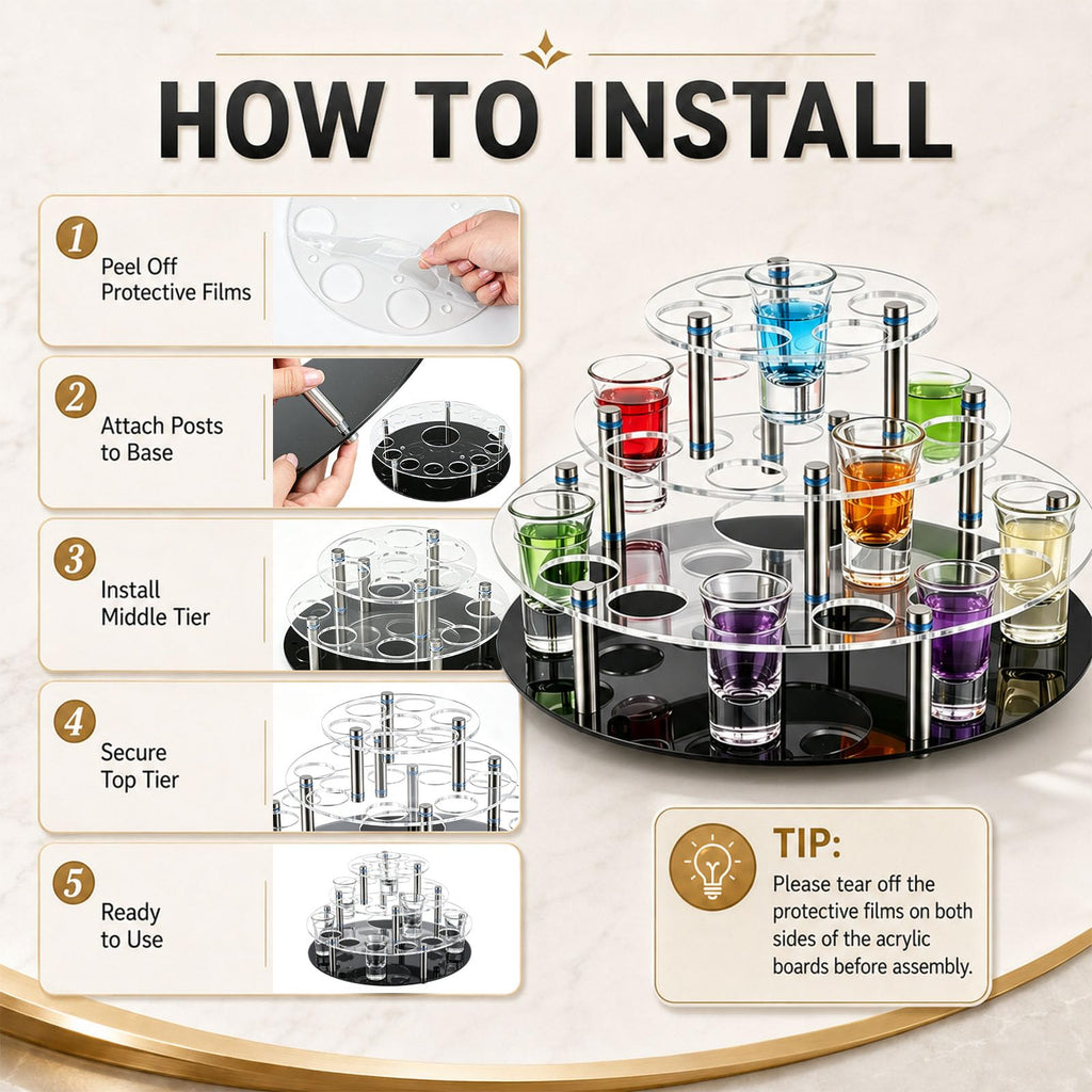 3 Tier 30 Shot Glass Holder Tray with Central Bottle Slot