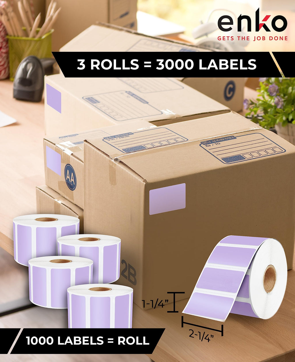 enKo 2-1/4 x 1-1/4 in 3 Rolls | 3000 Lavender Direct Thermal Labels 3 Rolls - Lavender