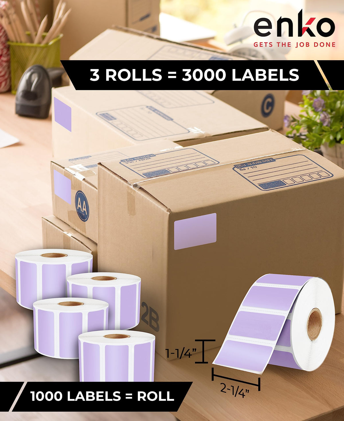 enKo 2-1/4 x 1-1/4 in 3 Rolls | 3000 Lavender Direct Thermal Labels 3 Rolls - Lavender