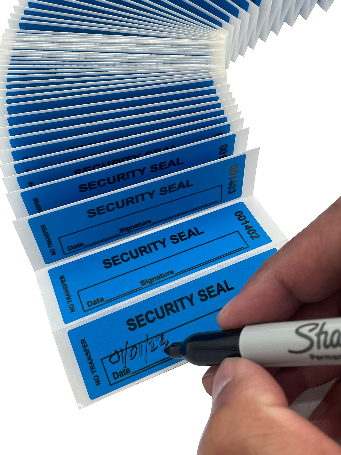 USPACKSMART 1"x3.35" Blue Non-Transfer Tamper-Evident Security Void Stickers/Labels/Seals with Sequential Numbers, Writable, Fan Folded for Convenience | 100-Pack Labels/Stickers