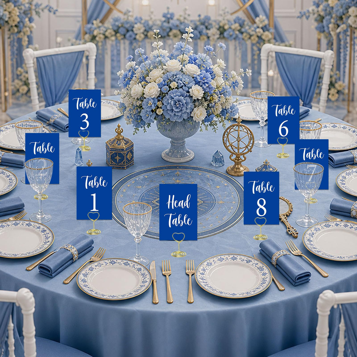 Blue Wedding Table Numbers 1-20 with Head Table and 21PCS Card Holders Blue