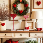 Thyle 3 Pcs Valentines Day Rustic Heart Table Sign Decor Gift Rattan Woven Handmade Love Tall Standing Heart Block Set for Home Farmhouse Tabletop Decoration Engagement Centerpiece, Red Pink White Rattan Heart