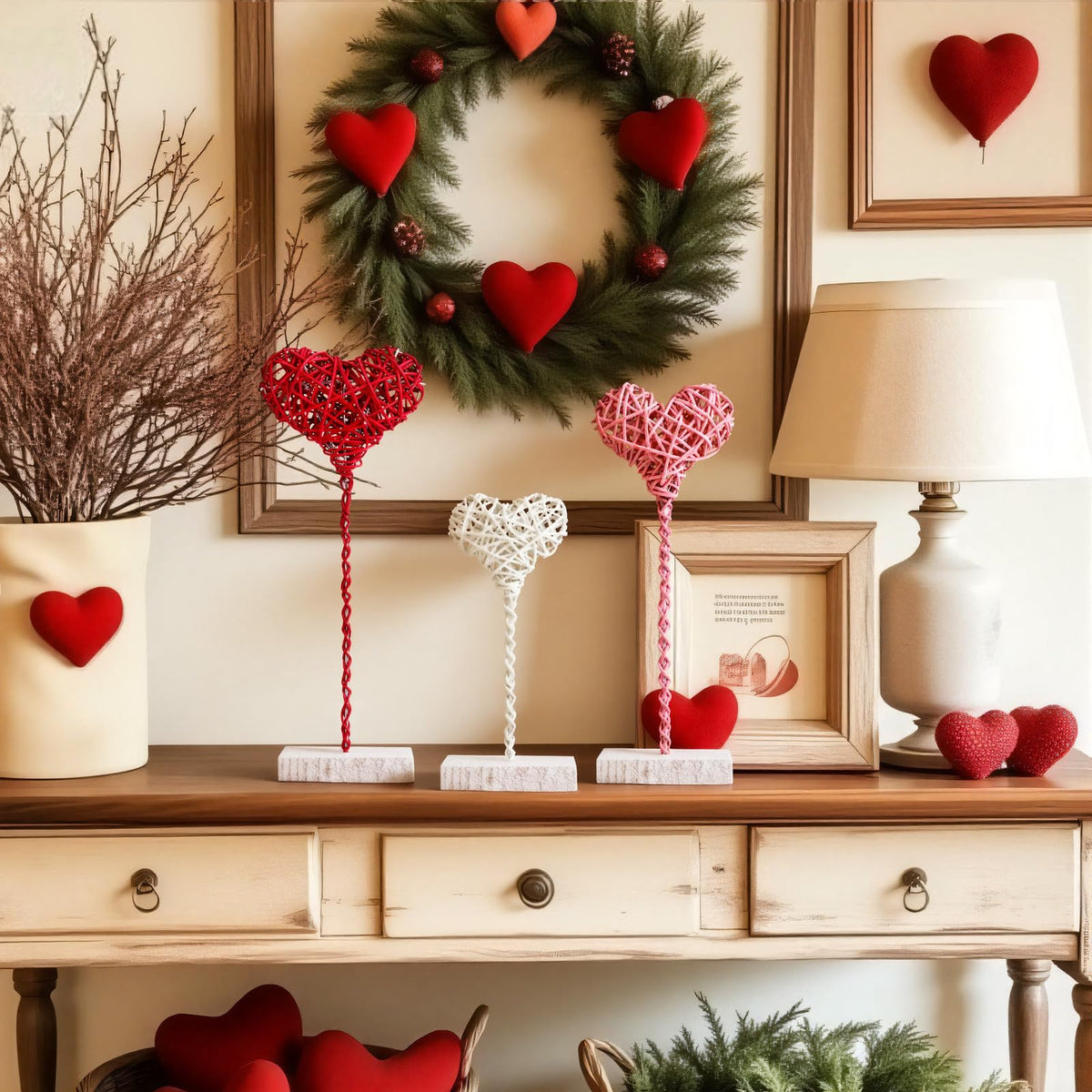Thyle 3 Pcs Valentines Day Rustic Heart Table Sign Decor Gift Rattan Woven Handmade Love Tall Standing Heart Block Set for Home Farmhouse Tabletop Decoration Engagement Centerpiece, Red Pink White Rattan Heart
