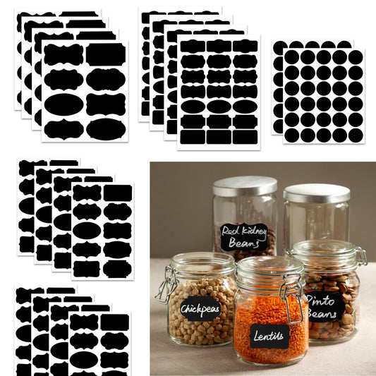 256 Kitchen Blank Chalkboard Labels for Jars Bottles Containers, Waterproof Reusable Removable Different Size Black Labels Stickers for Home Kitchen Pantry Food Spice Storage, Office (Black)