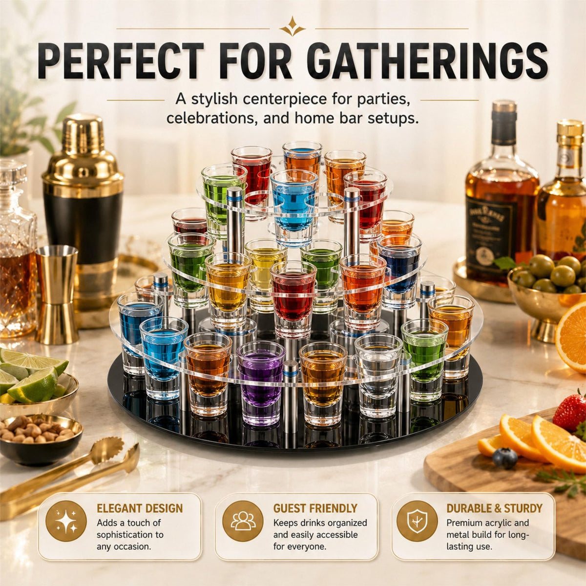 3 Tier 30 Shot Glass Holder Tray with Central Bottle Slot