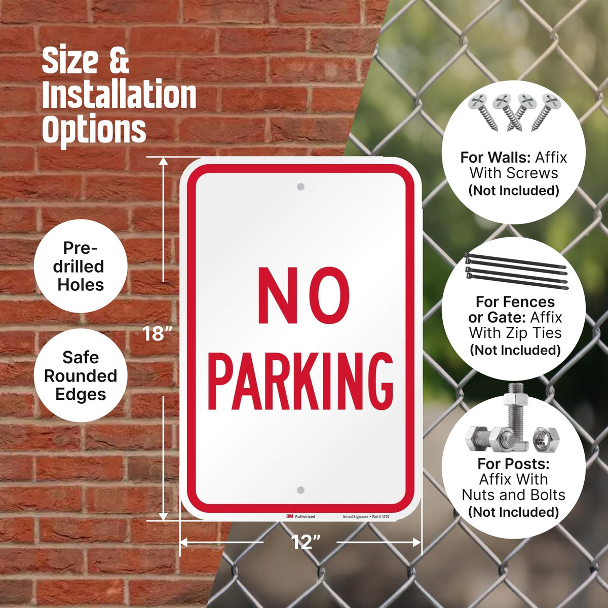 SmartSign No Parking Sign - Pack of 2, 18 x 12 inch, 2mm Aluminum Composite, Pre-Drilled Holes, Made in USA, Red and White ACM Aluminum - Pack of 2