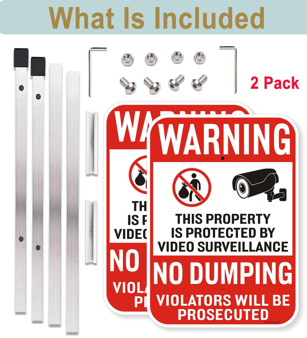 2Pack No Dumping Sign,14" x 10" Property Protected By Video Surveillance Sign with 36" Alloy Stakes, Rust Free &Fade Resistant Heavy Reflective Aluminum,Included Mounting Screw Kit.