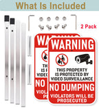 2Pack No Dumping Sign,14" x 10" Property Protected By Video Surveillance Sign with 36" Alloy Stakes, Rust Free &Fade Resistant Heavy Reflective Aluminum,Included Mounting Screw Kit.
