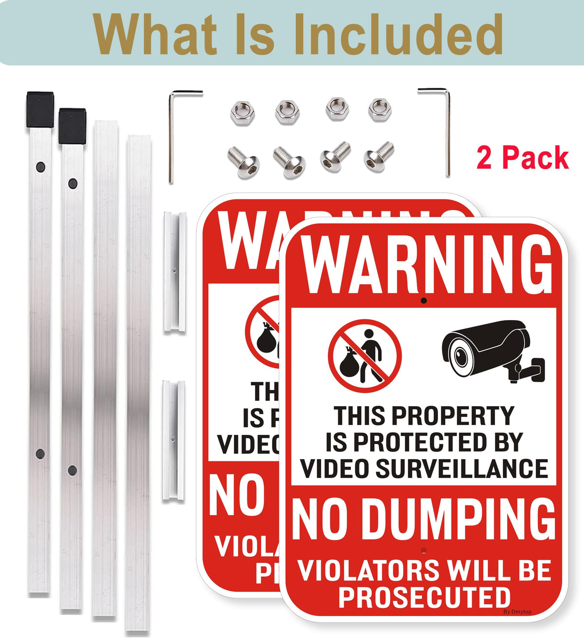 2Pack No Dumping Sign,14" x 10" Property Protected By Video Surveillance Sign with 36" Alloy Stakes, Rust Free &Fade Resistant Heavy Reflective Aluminum,Included Mounting Screw Kit.