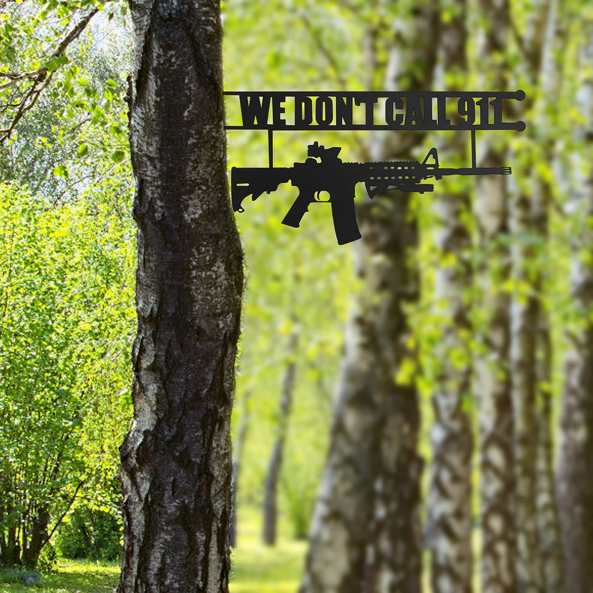 No Trespassing Sign "You're In Range" Metal Wall Tree Hanger Decor – Outdoor Indoor Gun Owners "We Don't Call 911" Monogram Display – Heavy Duty Steel Security Warning – Home Protection – 12.5" Tall We Don't Call 911
