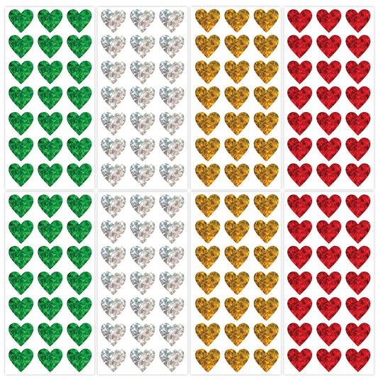 easykart labels 2100 Heart Stickers with Glitter Holographic Gravel Pattern Red, Green,Silver & Gold Sparkling Adhesive Heart Sticker Labels, Love Stickers