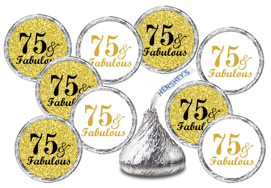 75 & Fabulous Birthday Gold Kisses Stickers, (Set of 216) Chocolate Drops Labels Stickers for Birthday Party, Party Favors Decor for Kisses. Made in USA