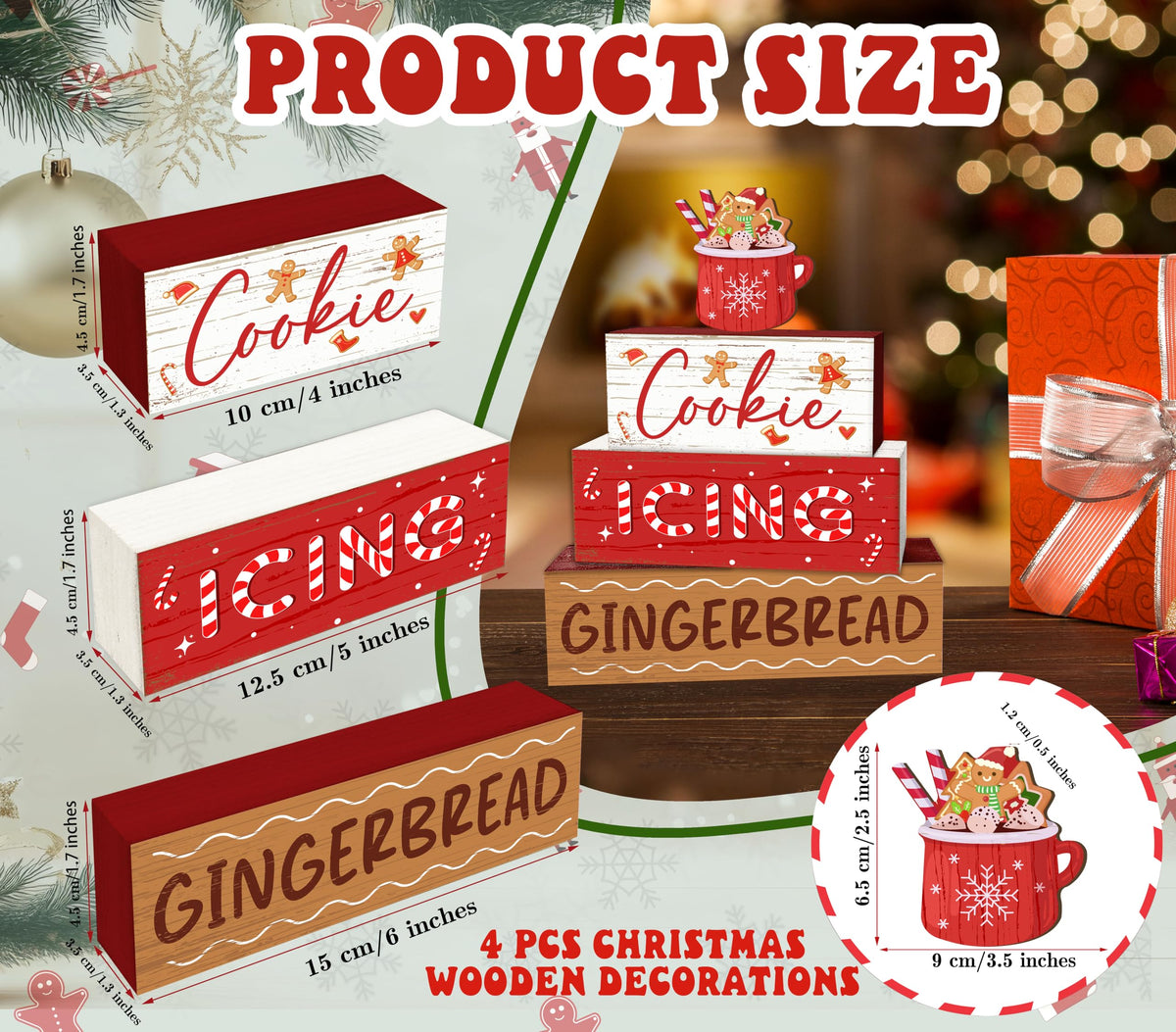 4 Pcs Hot Cocoa Christmas Decor, Gingerbread Table Decorations, Christmas Tiered Tray Desk Decor Gifts, Cookie Icing Winter Wooden Stack Block Signs Table Centerpiece For Farmhouse Office -B10 Cookie Hot Cocoa