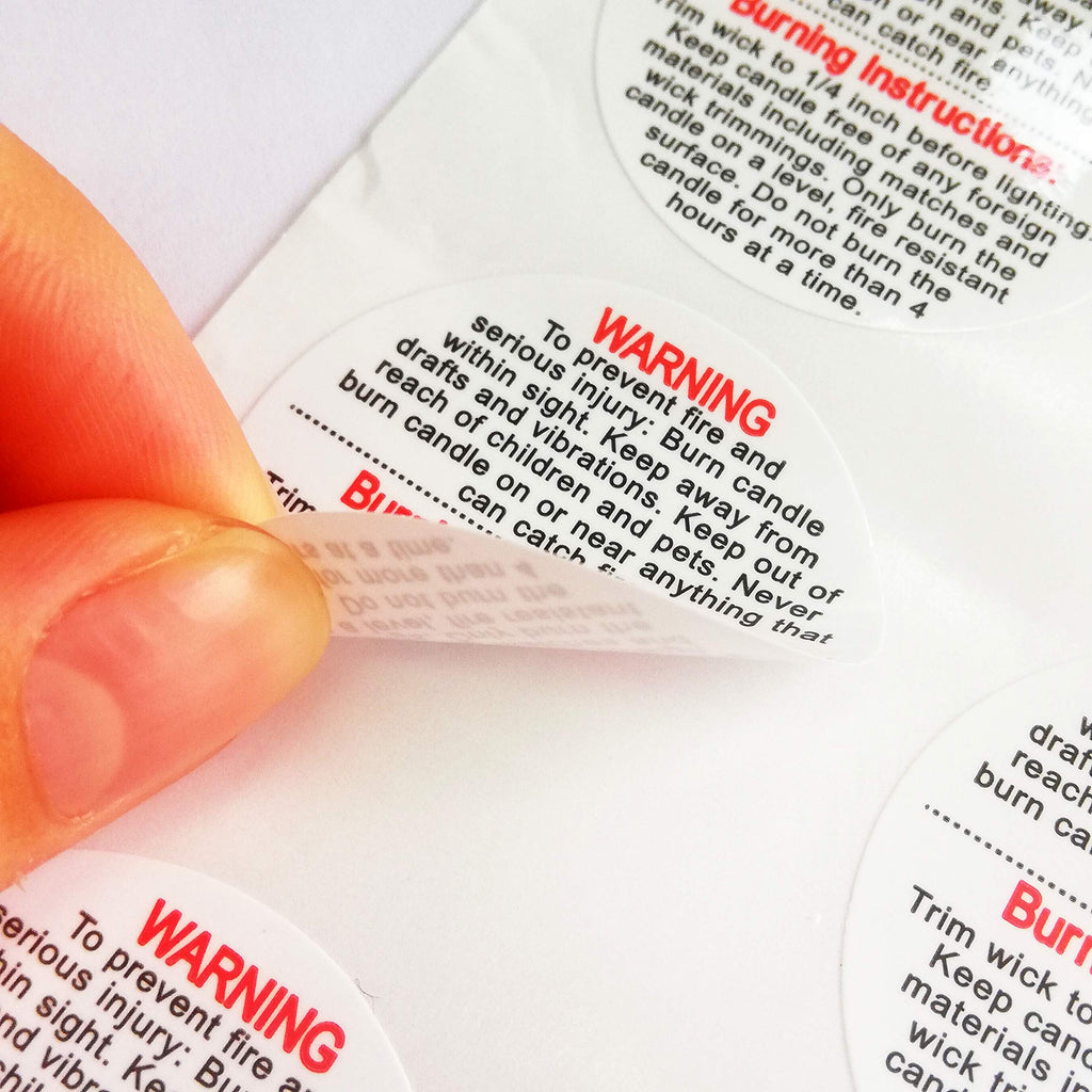 Set of waterproof 1.5-inch Candle Warning Labels by Pop Resin for candle jars, tins, and votives, with 500 safety sticker decals.