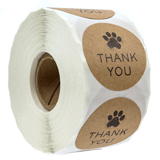 1.5" Round Brown Kraft Paw Print Thank You Stickers / 500 Dog Paw Print Thank You Labels Roll/Dog Cat Pet Animal Thank You Sticker/Made in The USA