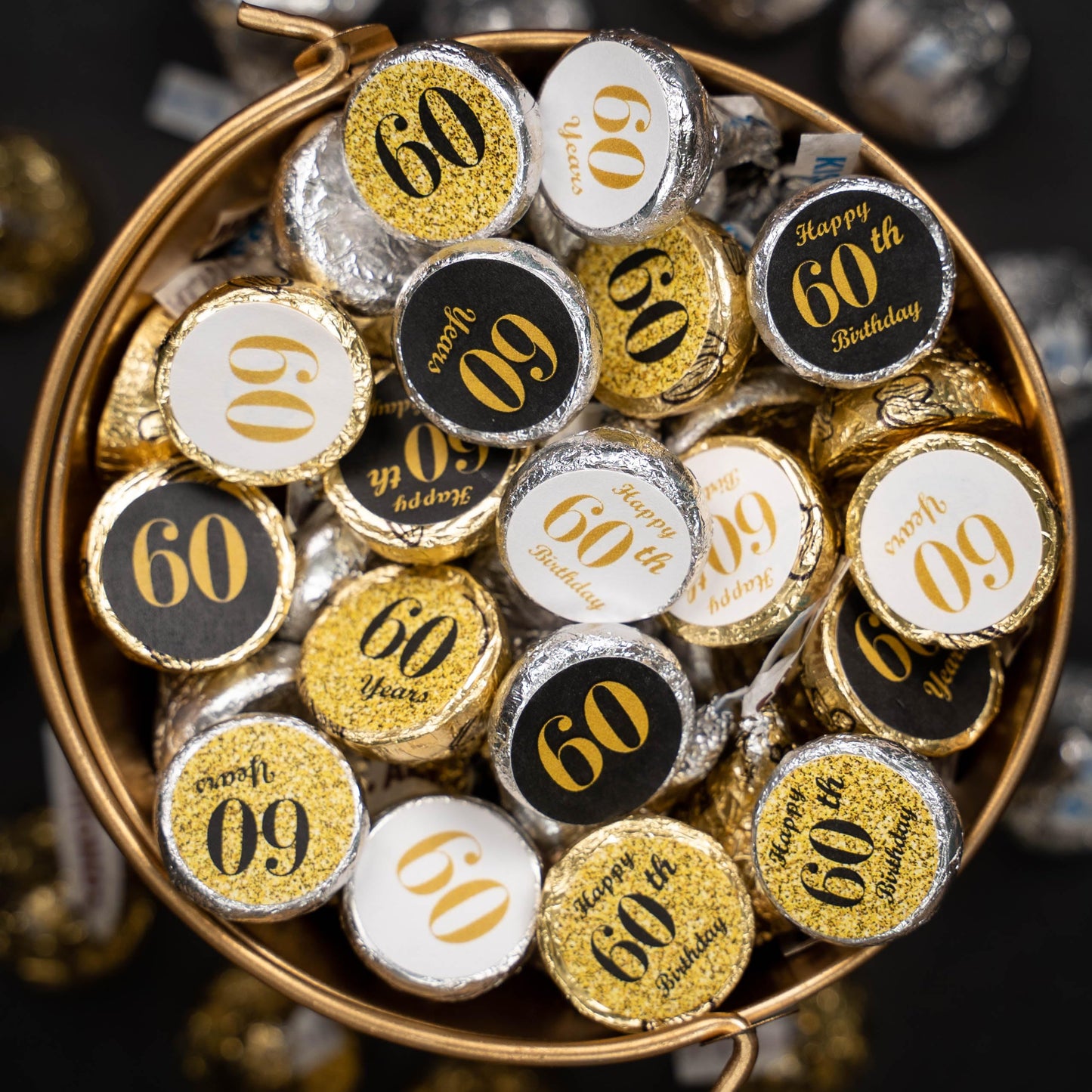60th Birthday Kisses Stickers, (Set of 324) Chocolate Drops Labels Stickers for 60th Birthday, Party Favors Decor for Hershey's Kisses. Made in USA, 9 Designs (36 Stickers of Each)