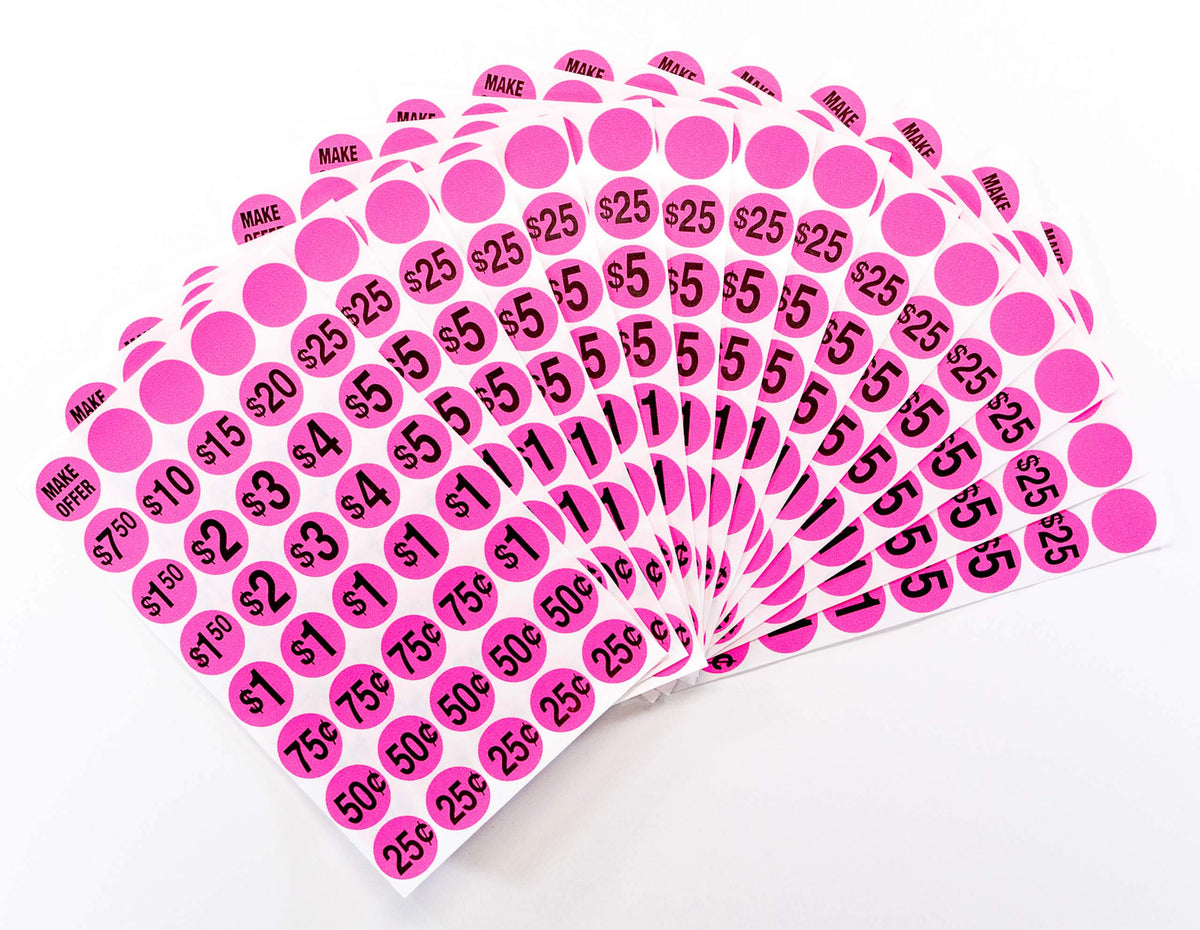 Pink Sunburst Systems 7030 pre-priced garage sale stickers, 600 count, durable labels for pricing items at sales events.