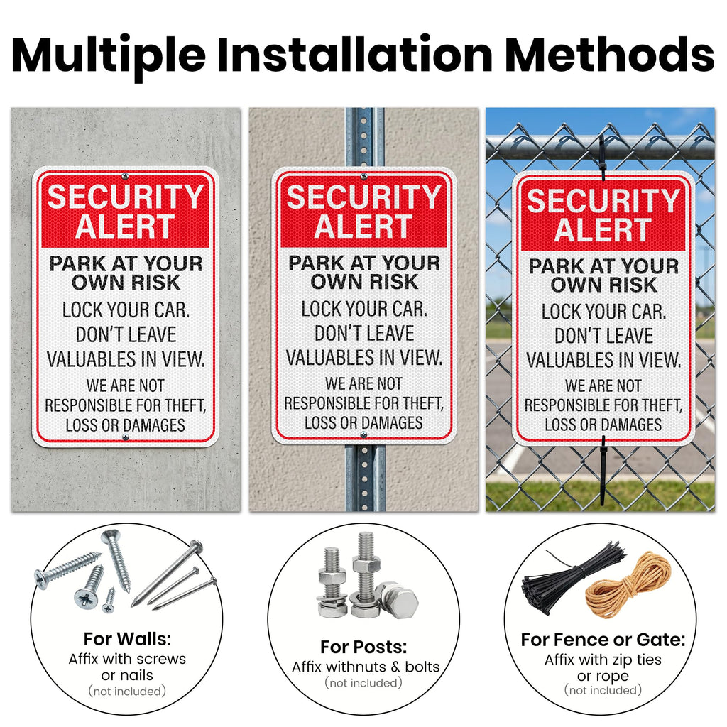 2 PCS Security Alert Park At Your Own Risk Sign 12" × 18" Aluminum