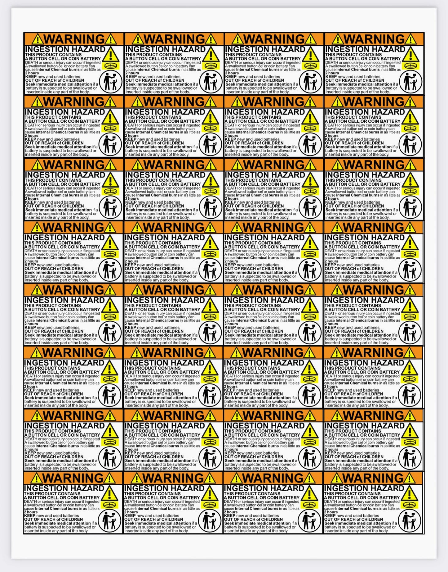 Reece’s Law Compliant Button Battery Warning Stickers -1 Sheet 32 Pack Child Safety Hazard Labels - Peel-Off 2" x 1.25" Labels on 8.5" x 11" Sheets