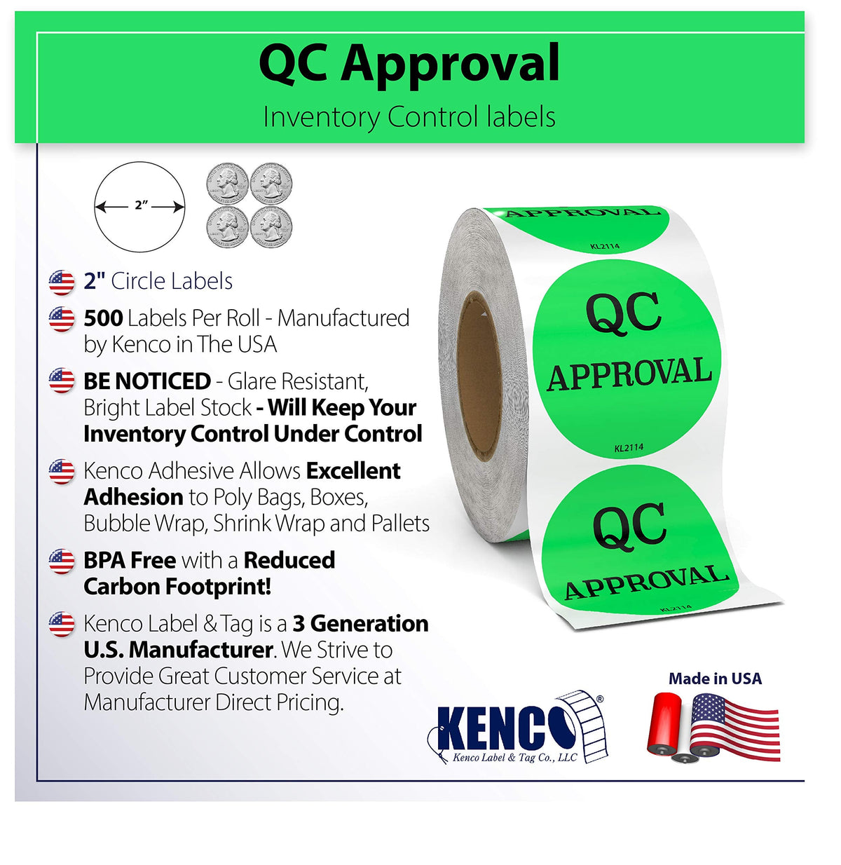 Kenco 2" Circle Inventory Control Stickers for Shipping and Inventory - 500 Permanent Adhesive Labels Per Roll Made in The USA (QC Approval, 2 Pack)