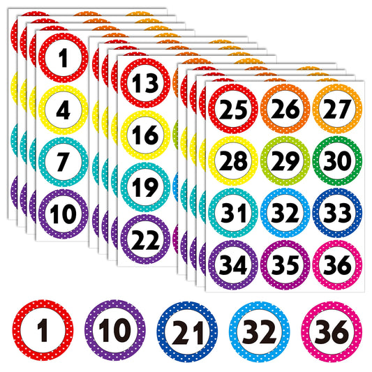 144 Large Round Number Stickers, 12 Sheets Consecutive Polka Dot Number 1-36 Label Self-Adhesive Number Stickers Erasable with PET Film for Indoor, Outdoor Office, Classroom, Storage, Boxes (3” Each)