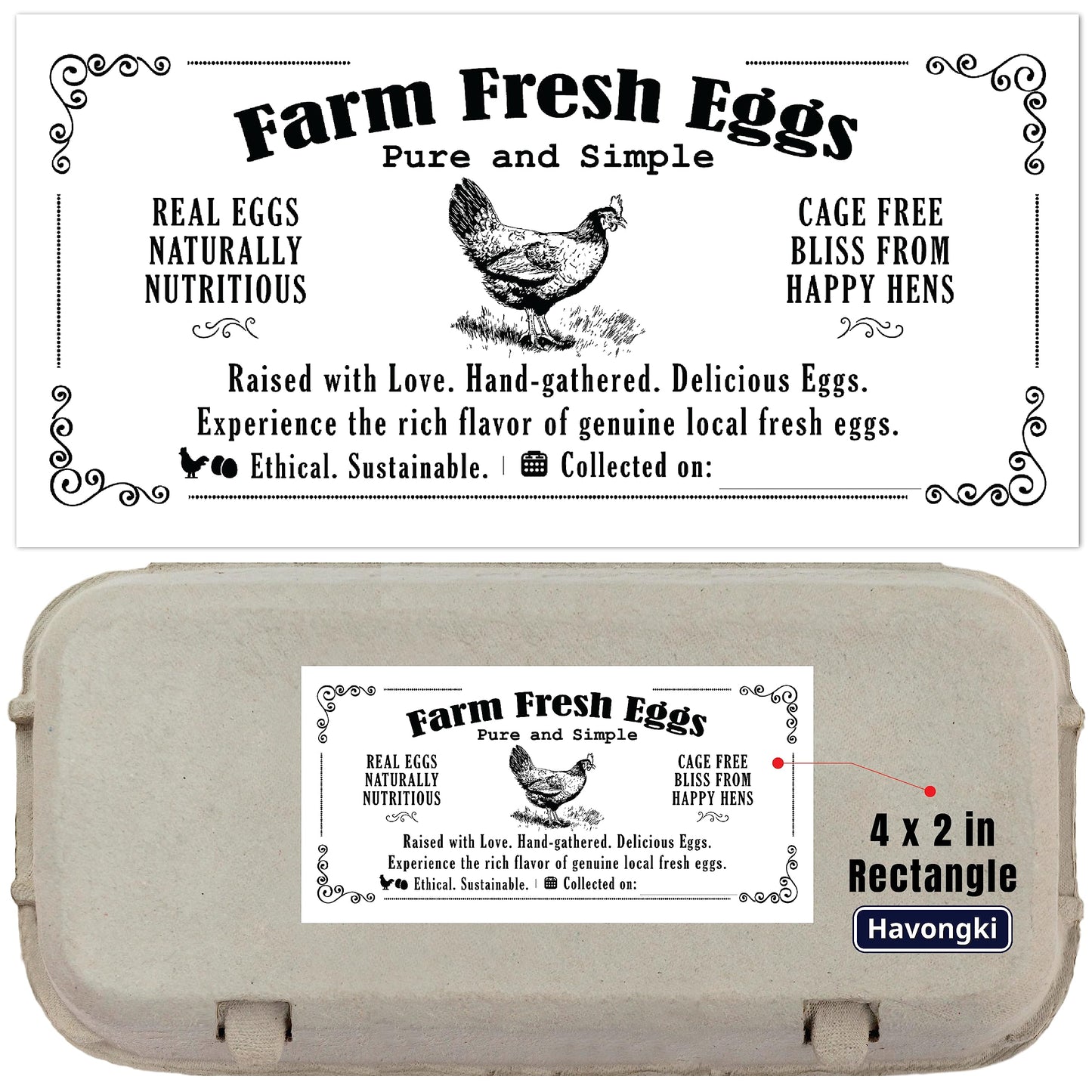 100 Sheets Egg Carton Labels 4 x 2" Stickers Decal Farm Fresh Eggs Chicken coop Supplies Blank Cartons 6 12 15 18 30 48 50 Count Basket Box Container (T01617-100)-L8 Vintage Hen Rectangle 4" x 2" (100 Sheets)