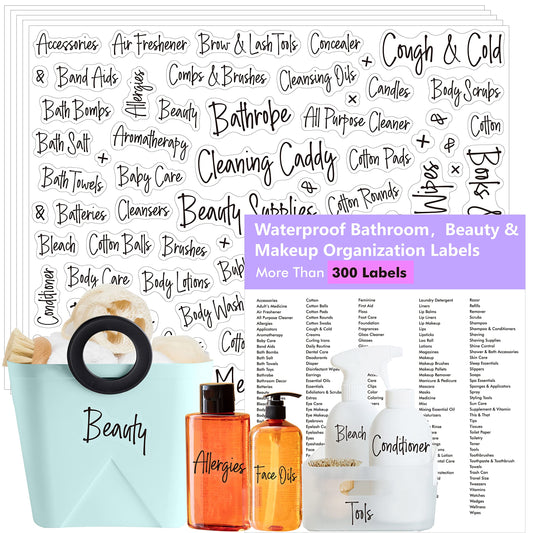 300+ Bathroom Labels, Include Over 265 Preprinted Bathroom, Beauty & Makeup Stickers and 36 Blank Ones, Waterproof/Oil/Tear Resistant No Residue Cursive Bathroom Stickers Style 3