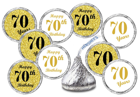 70th Birthday Gold Kisses Stickers, (Set of 324) Chocolate Drops Labels Stickers for Birthday Party, Party Favors Decor for Kisses. Made in USA