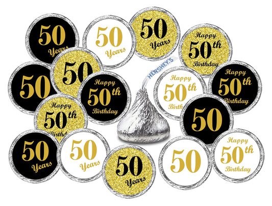 50th Birthday Kisses Stickers, (Set of 324) Chocolate Drops Labels Stickers for 50th Birthday, Party Favors Decor for Kisses. Made in USA, 9 Designs (36 Stickers of Each)