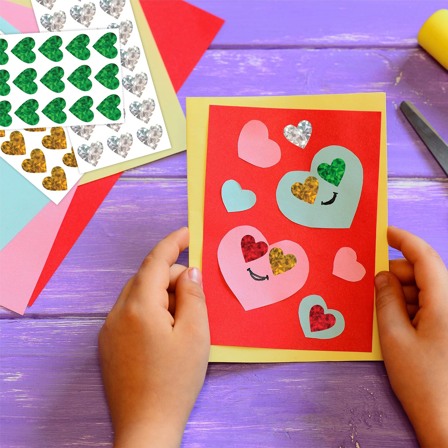 easykart labels 2100 Heart Stickers with Glitter Holographic Gravel Pattern Red, Green,Silver & Gold Sparkling Adhesive Heart Sticker Labels, Love Stickers