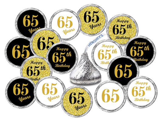 65th Birthday Kisses Stickers, (Set of 324) Chocolate Drops Labels Stickers for 65 Birthday, Party Favors Decor for Kisses. Made in USA, 9 Designs (36 Stickers of Each)