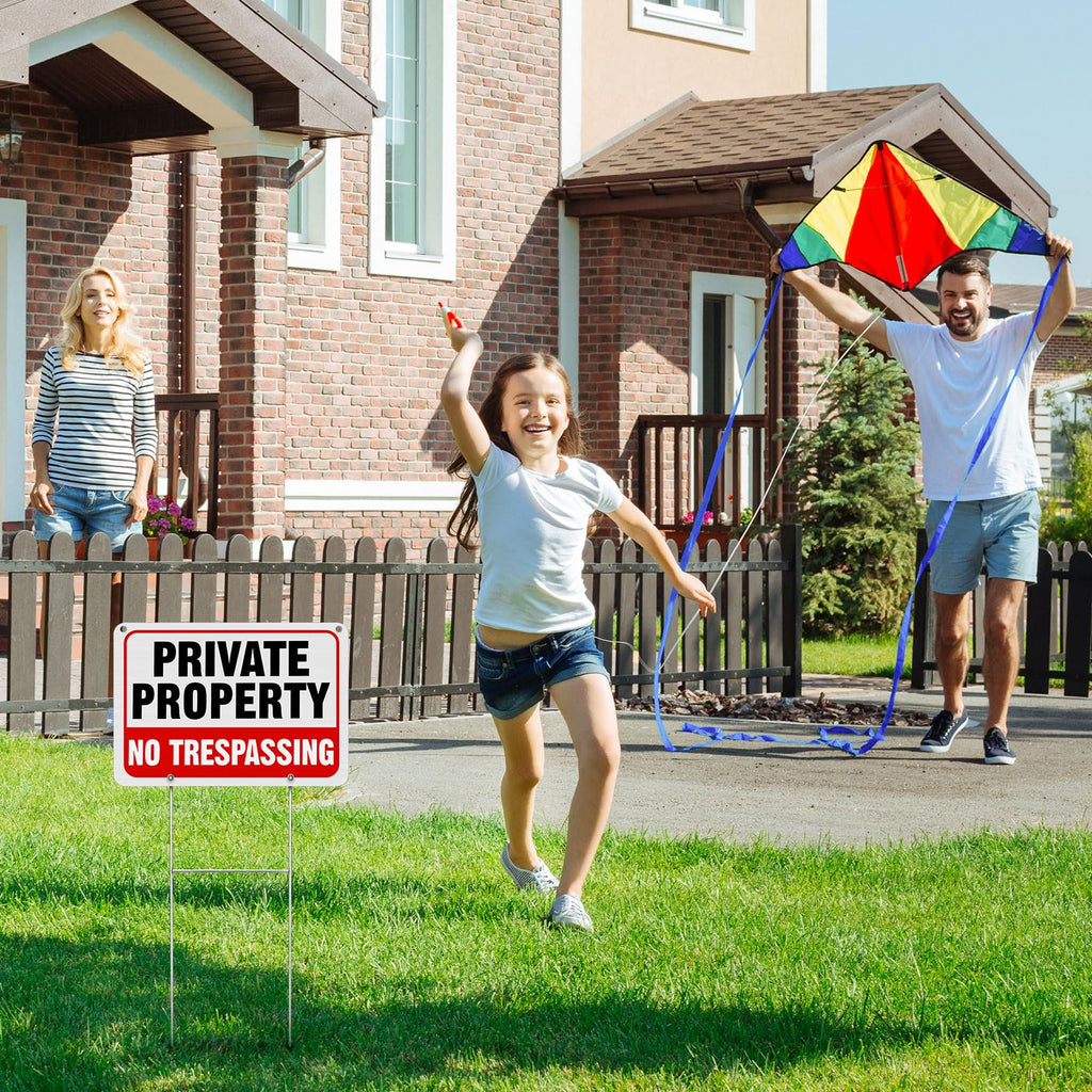 Zonon 6 Pack Metal No Trespassing Sign 12 x 8 Inch Private Property Word with H Stake Reflective Aluminum Security Weatherproof Outdoor Metal Outdoor Keep out Sign, Easy to Mount(Red) Red
