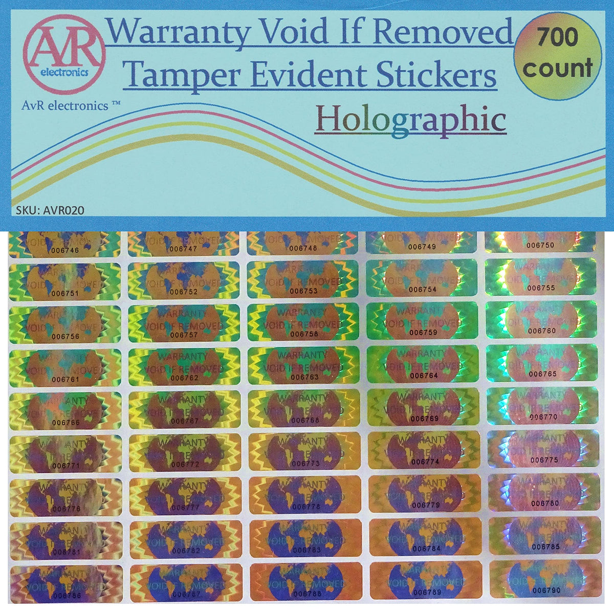 700 Hologram Tamper Evident, Tamper Proof Stickers. Warranty Void If Removed. Individual Serial Numbers. Tamper Foil Tape Labels. Destroyed Upon Removal with Residual Text Left on Item. (700 Stickers) 700 Stickers