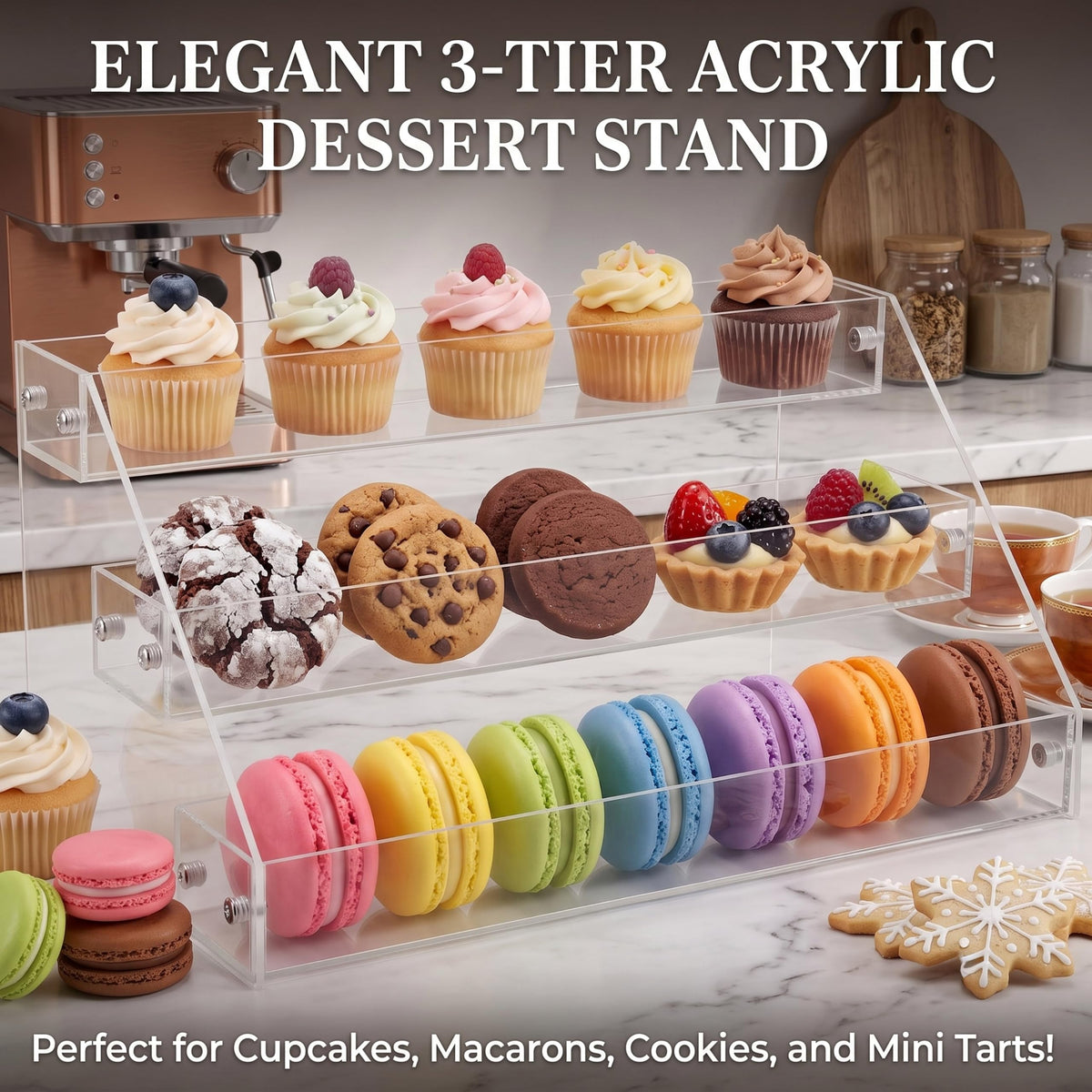 3 Tier Clear Acrylic Cookie Display Stand Tiered Dessert Stand for Cupcakes, Cookies & Pastries Portable Bakery Display for Farm Stands,Bakers, Vendors, Craft Fairs & Market Booths 3-Tier x 1