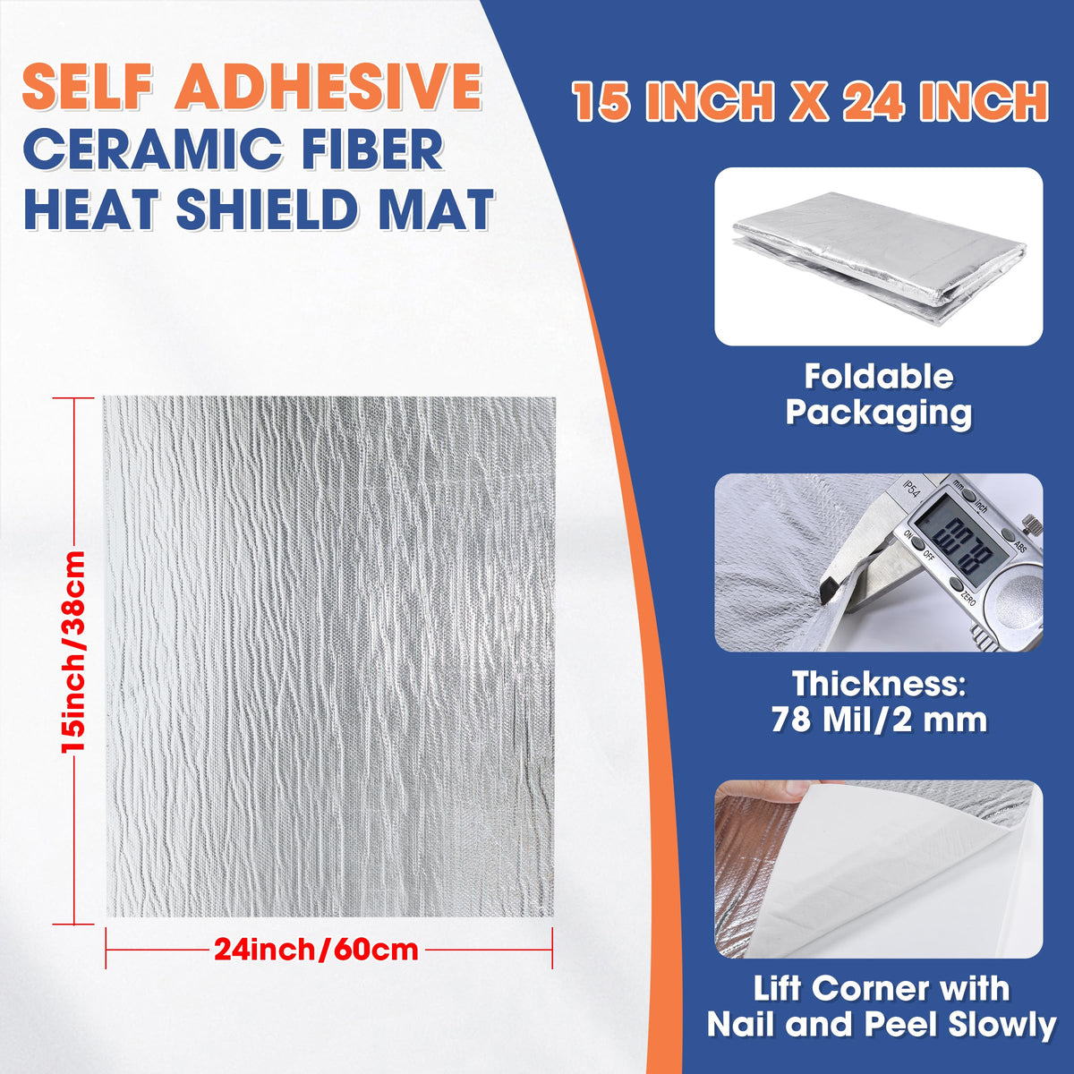 Automotive High Temperature Resistant Heat Shield Mat Aluminum Foil Ceramic Fiber Material Up to 2280℉ for Thermal Protection(Self Adhesive-1/8" X 15" X 24") 1/8" X 15" X 24”