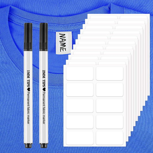 Outus 200 Pieces No-Iron Clothing Labels Wash Writable Self Adhesive Name Labels Tags with Permanent Fabric Marker for Nursing Home Daycare, Washer and Dryer