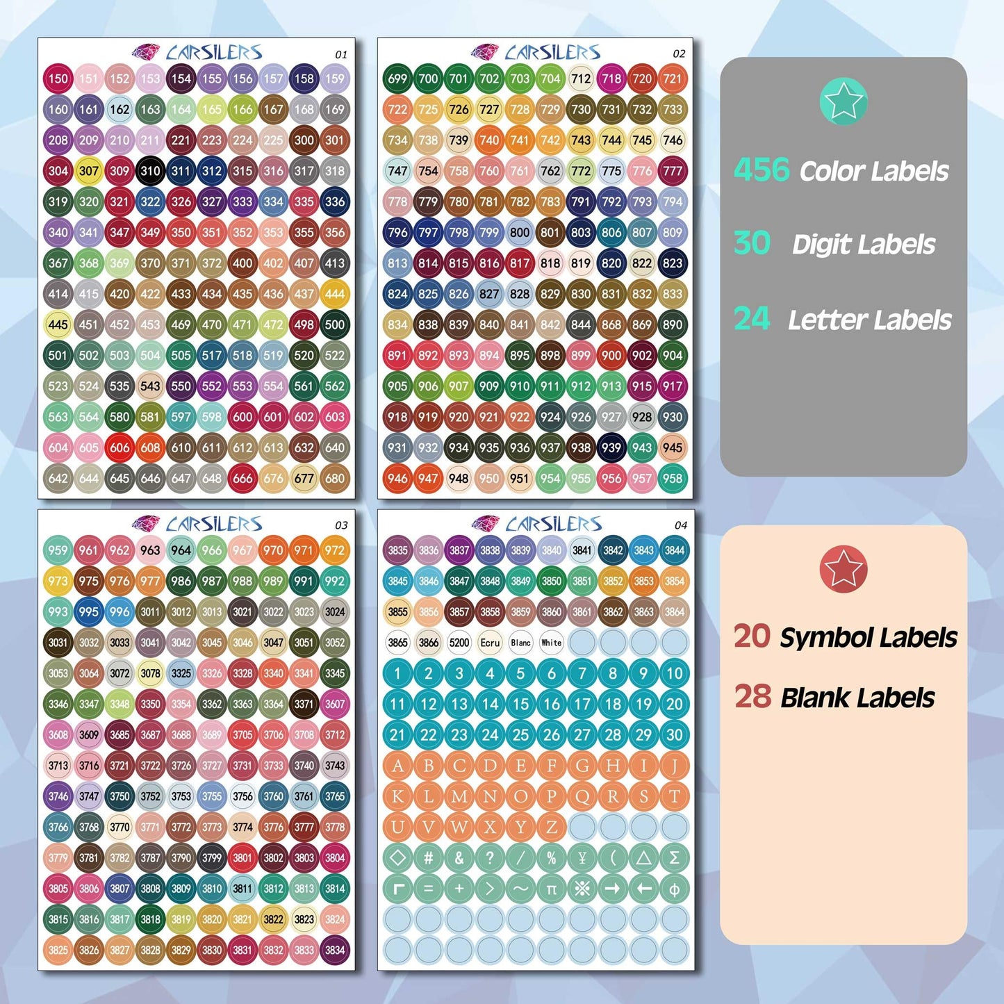 Carsilers Label Stickers for Diamond Art Storage Kits Boxes,576 Color Number Letters Symbols Stickers，Cross Stitch Supplies Diamond Painting Accessories with Blank Label and Wax，Round（1 Set） Round 1 Set