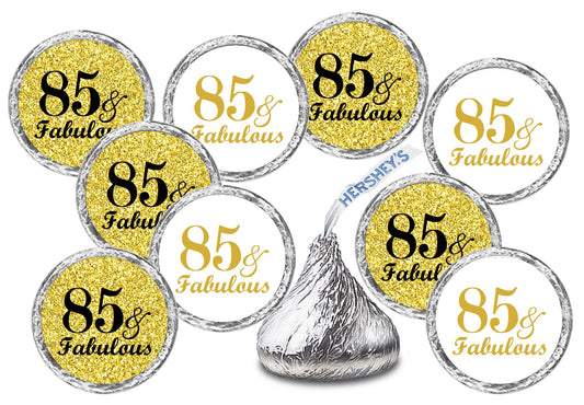 85 & Fabulous Birthday Gold Kisses Stickers, (Set of 216) Chocolate Drops Labels Stickers for Birthday Party, Party Favors Decor for Kisses. Made in USA