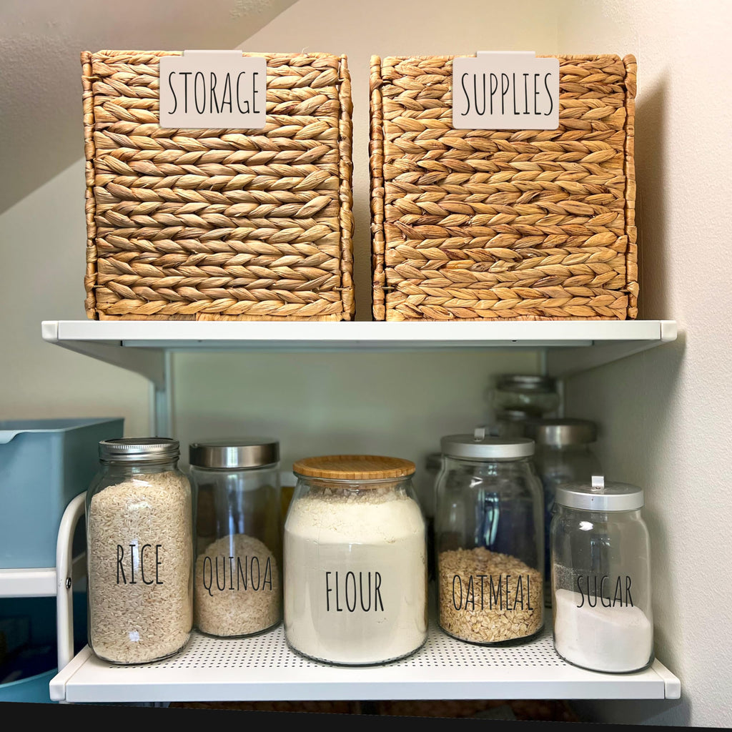 Hygge & Sage: Metal Non-Slip Basket Labels Clip On for Storage Bins, or Wire Racks | Includes 8 Labels, 8 Non-Slip Pads, and 1 Free Marker (Cream) Cream