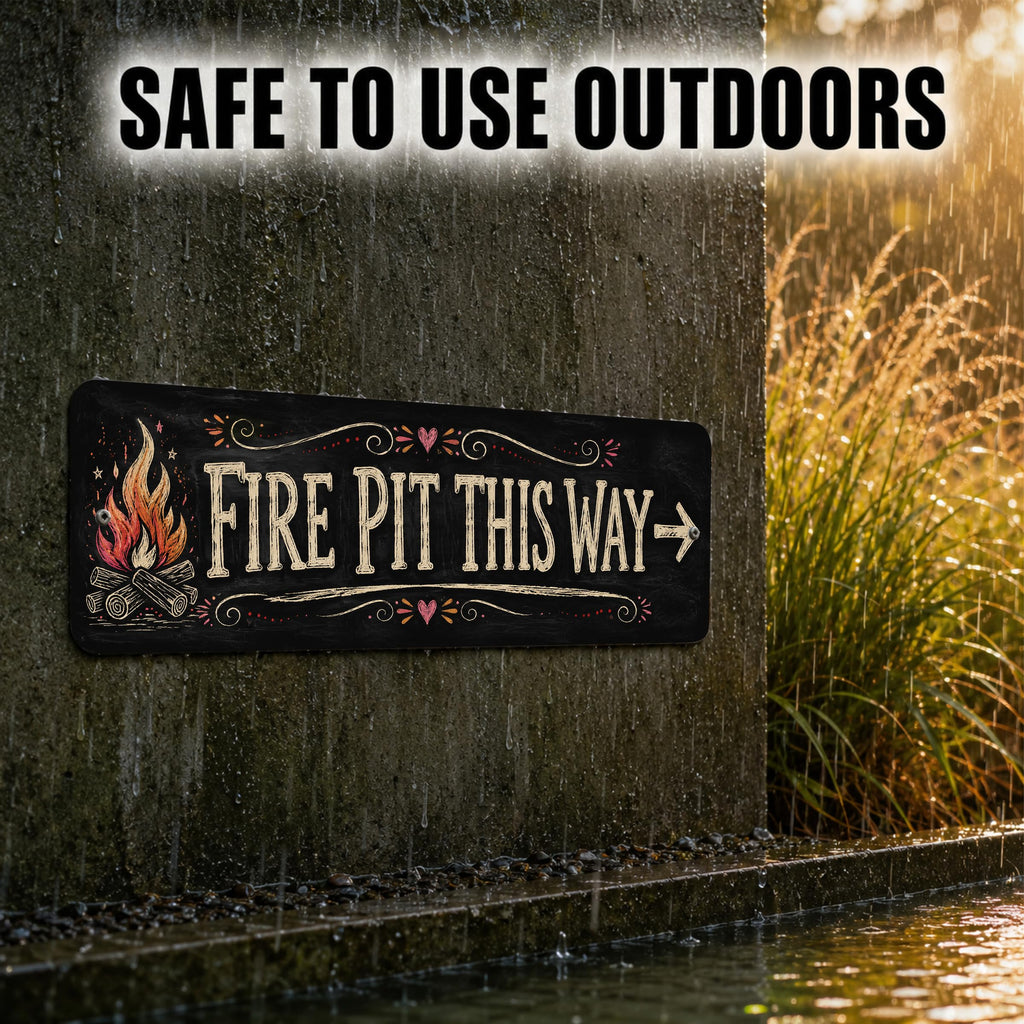 Fire Pit This Way – Chalkboard BBQ Backyard Metal Sign 15x5