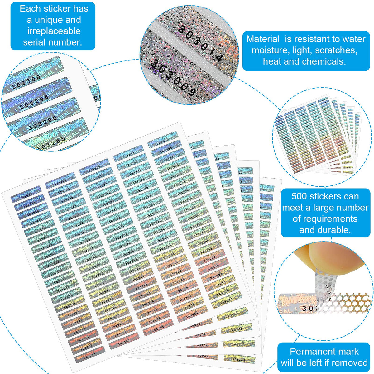 Marspark 1000 Pieces Tamper Proof Stickers Hologram Stickers Security Seal