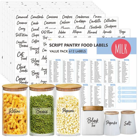 Hebayy 612 Script Pantry Food Labels, Water & Oil Resistant Pantry Label Stickers Food Jar Label for Organization and Storage Style 1