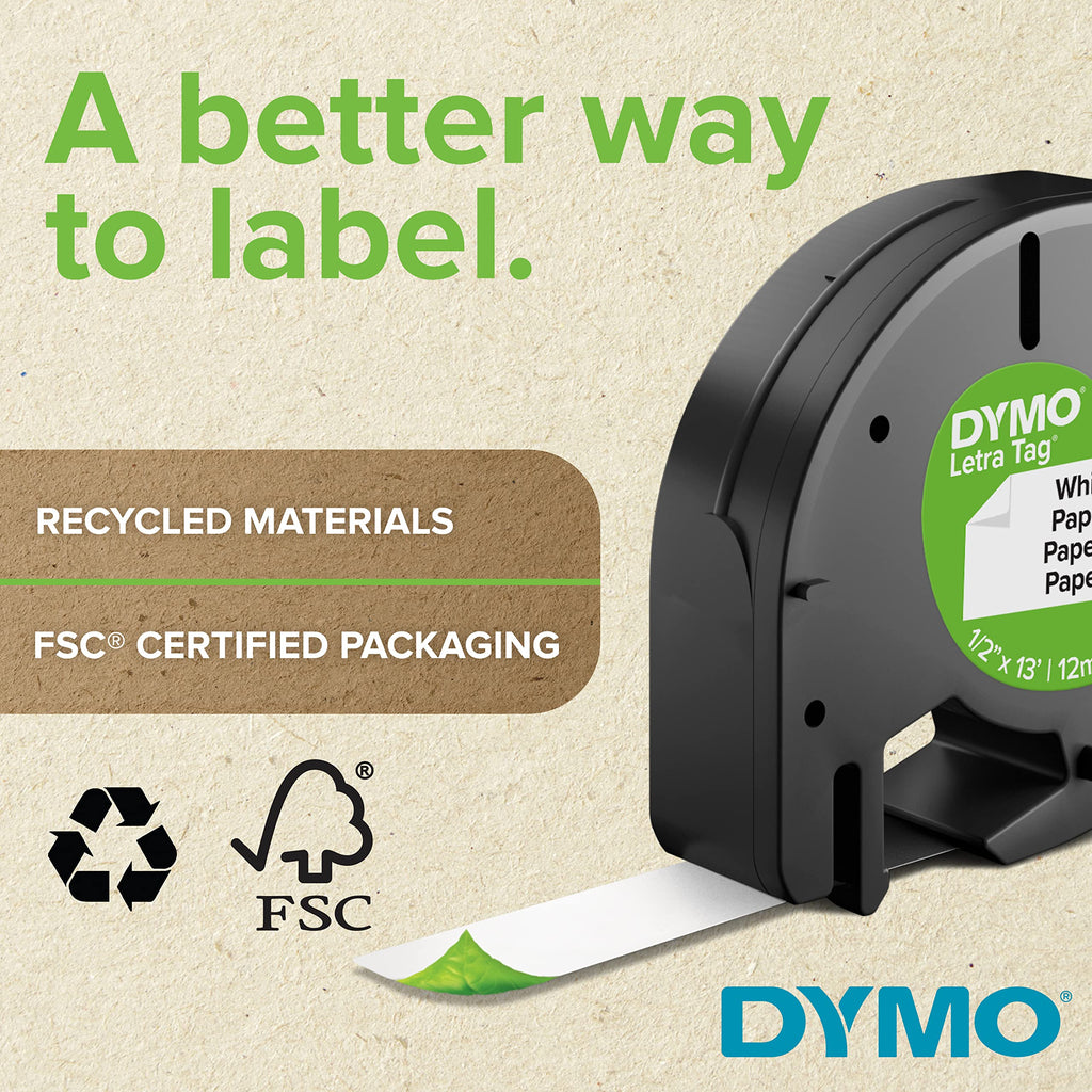 DYMO Authentic LT Plastic Labeling Tape for LetraTag Label Makers, 1/2" (12mm), Black Print On White Tape, 6-Pack Plastic Black on White Powder Coated 6 Count (6 Packs of 1)