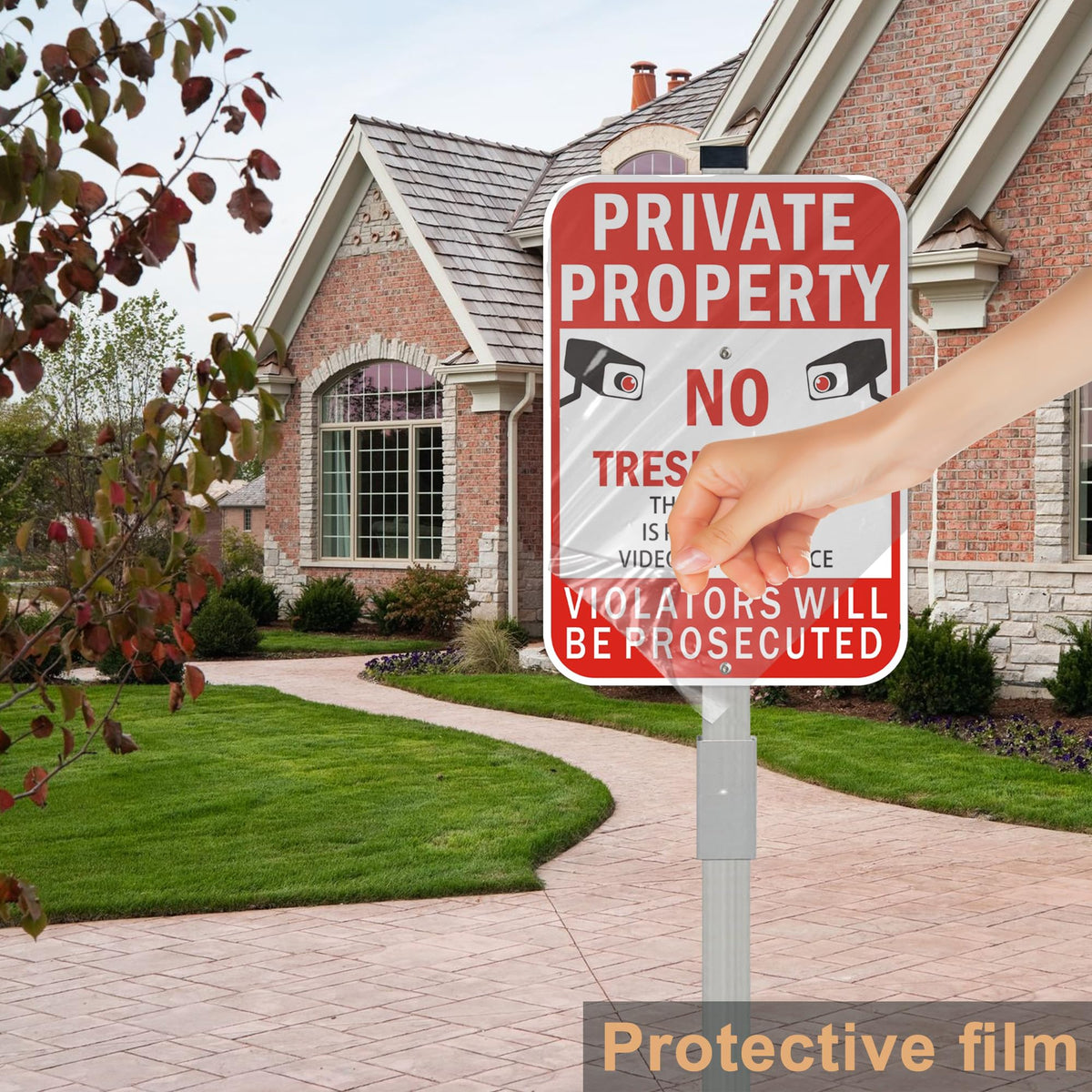 2Pack Private Property No Trespassing Signs with 36 inch Stakes, 14x10 Inches Video Surveillance Warning Sign for Home House Yard Security, Fade Resistant Aluminum 10X14" with stake