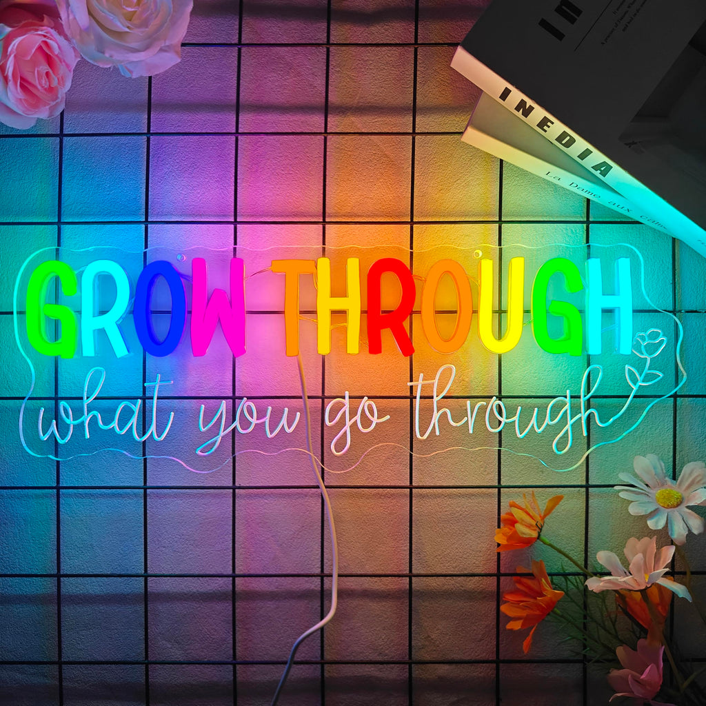 Grow Through What You Go Through Neon Sign Dimmable Motivational Led Wall Art Inspirational Neon Sign for Classroom Mental Health Office Wall Decor for Women GoThrough