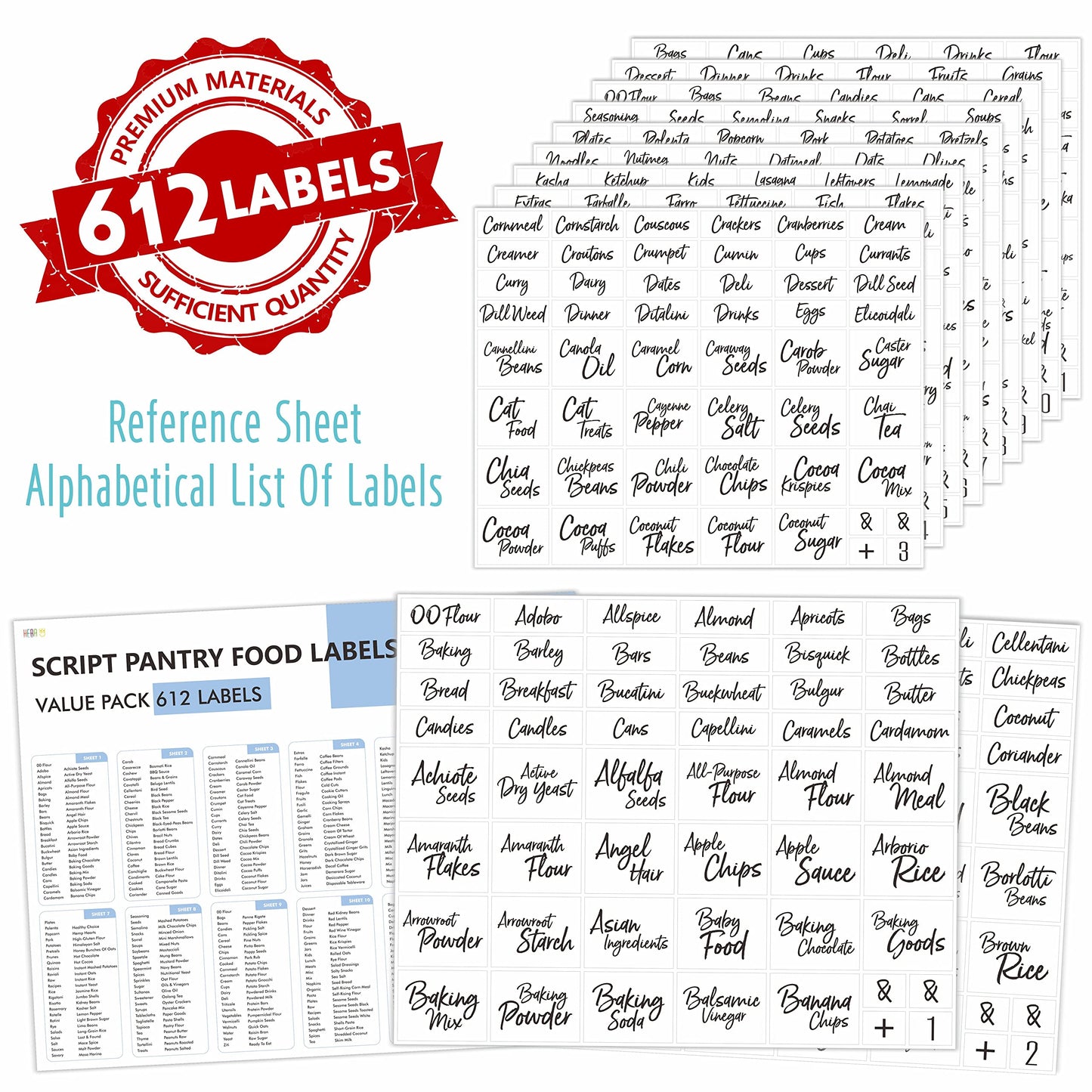 Hebayy 612 Script Pantry Food Labels, Water & Oil Resistant Pantry Label Stickers Food Jar Label for Organization and Storage Style 1