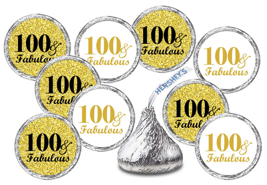 100 & Fabulous Birthday Gold Kisses Stickers, (Set of 216) Chocolate Drops Labels Stickers for Birthday Party, Party Favors Decor for Kisses. Made in USA