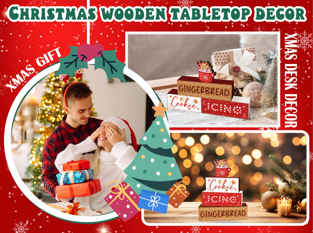 4 Pcs Hot Cocoa Christmas Decor, Gingerbread Table Decorations, Christmas Tiered Tray Desk Decor Gifts, Cookie Icing Winter Wooden Stack Block Signs Table Centerpiece For Farmhouse Office -B10 Cookie Hot Cocoa