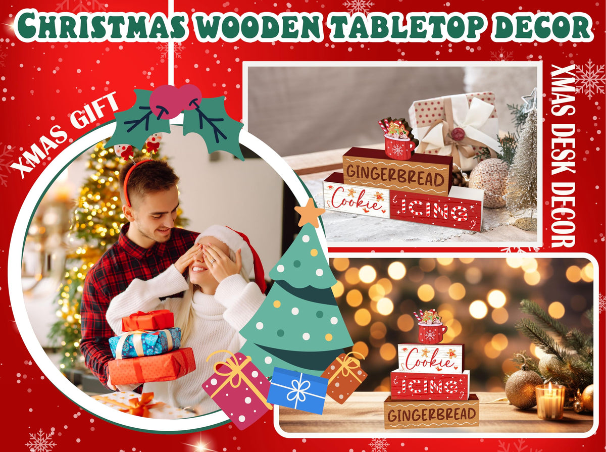 4 Pcs Hot Cocoa Christmas Decor, Gingerbread Table Decorations, Christmas Tiered Tray Desk Decor Gifts, Cookie Icing Winter Wooden Stack Block Signs Table Centerpiece For Farmhouse Office -B10 Cookie Hot Cocoa